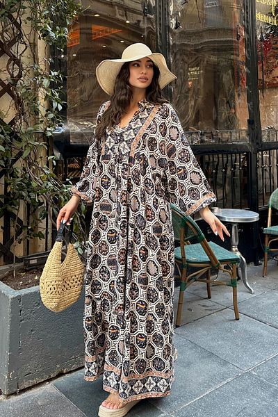ASEDE 100% Viscose Bohemian Alaçatı Dress V-Neck Ethnic Patterned Viscose Dress Suitable for Hijab