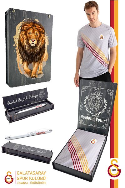 Galatasaray Γνήσιο μπλουζάκι με άδεια Match Day Grey + Σετ μολυβιού στυλό αποθηκευμένο σε ξύλινο κουτί