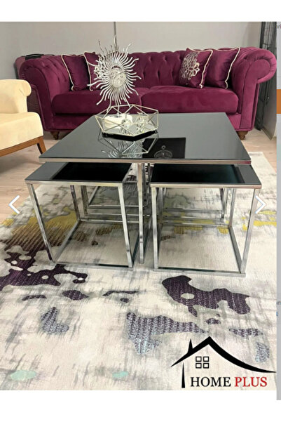 MYDECO Minsk 5'li Gümüş Kaplama Füme Aynalı Orta Sehpa & Zigon Sehpa & Yan Sehpa & Bohem Sehpa Takımı