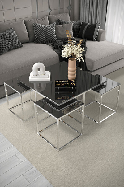 MYDECO Minsk 5'li Gümüş Kaplama Füme Aynalı Orta Sehpa & Zigon Sehpa & Yan Sehpa & Bohem Sehpa Takımı