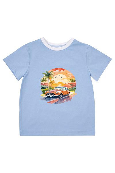 Mavipink Tricou cu mânecă scurtă pentru băiat, mașină clasică, apus de soare, bumbac, culoare albastră