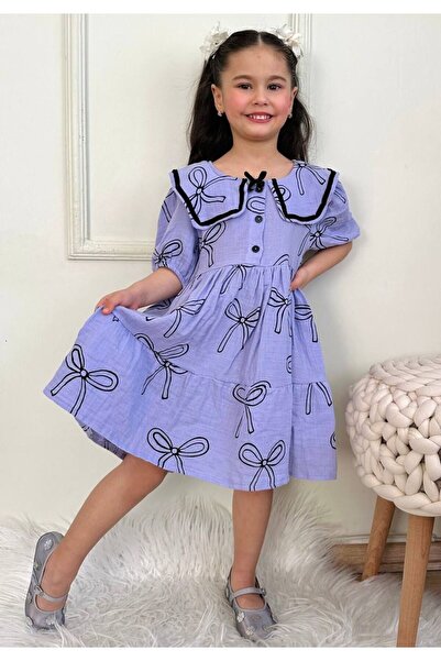 şıklık durağı pamuk kumaş kısa kollu fiyonk baskılı bebe yaka kız çocuk bebek...