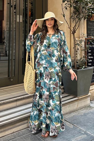 ASEDE 100% Viscose Bohemian Alaçatı Dress V-Neck Ethnic Patterned Viscose Dress Suitable for Hijab