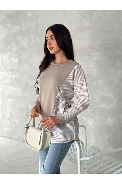 sportiness Poplin Side Tieing Detail Garneled Shirt Look Modal-Terry Cotton Fabric Sweatshirt