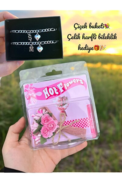 HayDün Hot flowers buket Çelik harfli kalpli bileklik koleksiyon sevgili arka...