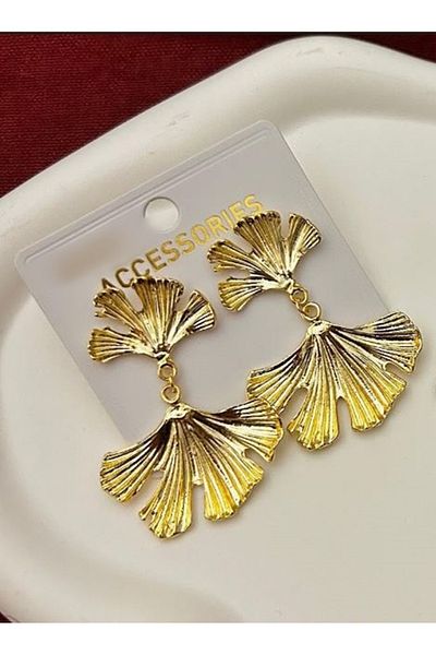 mos&more Gold Gingko Leaf Dangle Women's Earrings -Vintage Large