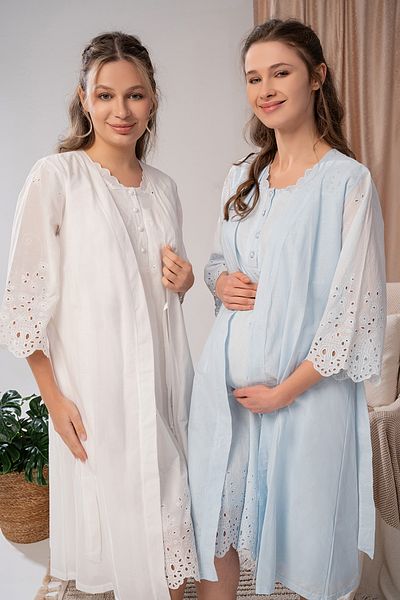 Lohussa Set cămașă de noapte pentru femei, din in albastru, de vară, cu bretele groase, design special, din bumbac, pentru maternitate