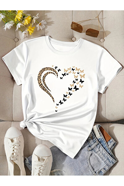 l'eivor Sa leopard dezenom Srce i leptir Štampano Bele žene Pamuk T-shirt