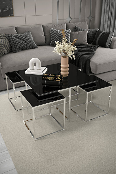 home plus mobilya Prag 5'li Gümüş Kaplama Siyah Aynalı Orta Sehpa & Zigon Sehpa & Yan Sehpa & Bohem Sehpa Takımı