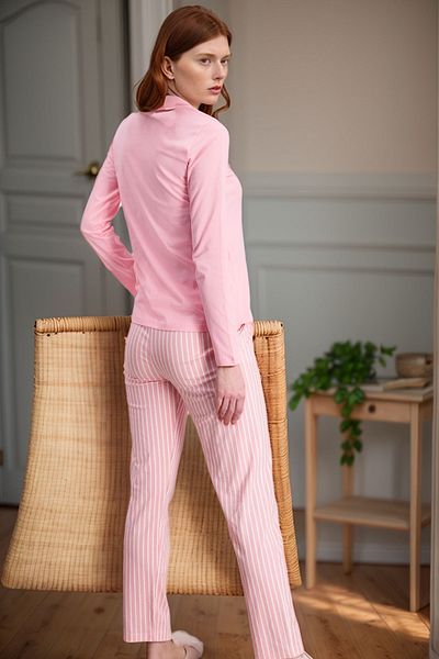 Pierre Cardin Set pijamale pentru femei cu decolteu crew cu dungi roz 100% bumbac