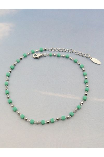 Siya Silver Turquoise Bead Detailed Cube Model Anklet
