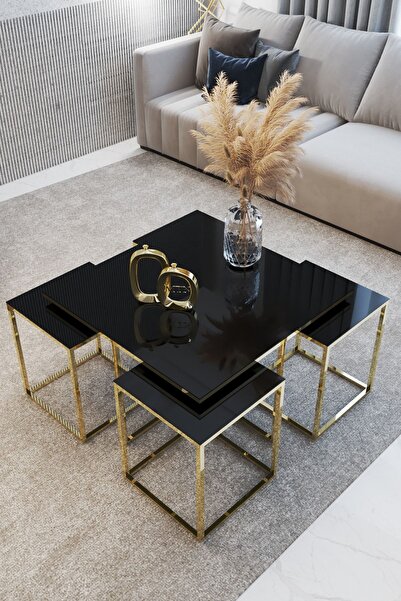 home plus mobilya Cakarta 5'li Gold Kaplama Siyah Aynalı Orta Sehpa & Zigon Sehpa & Yan Sehpa & Bohem Sehpa Takımı