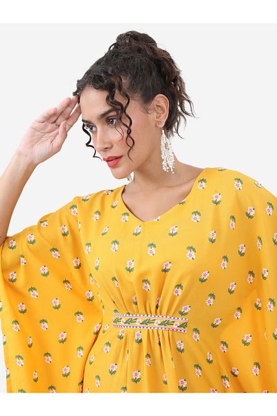 Vishudh By Styli Yellow Floral Printed Kaftan Set with Trouser