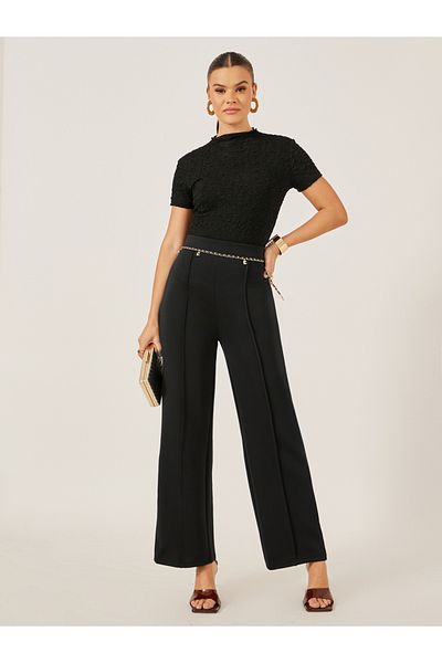 Styli Flared Knitted Pants with Pintuck Detail
