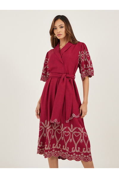 Styli Schiffli Detail Volume Sleeves A-Line Midi Dress