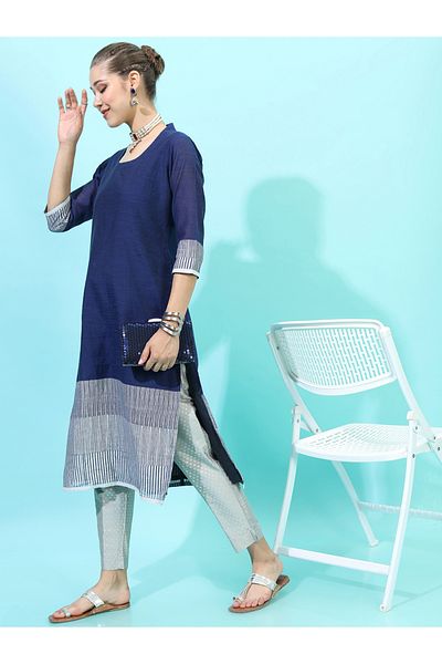 Vishudh By Styli Women Navy Blue & Grey Colourblocked Shawl Neck Kurta