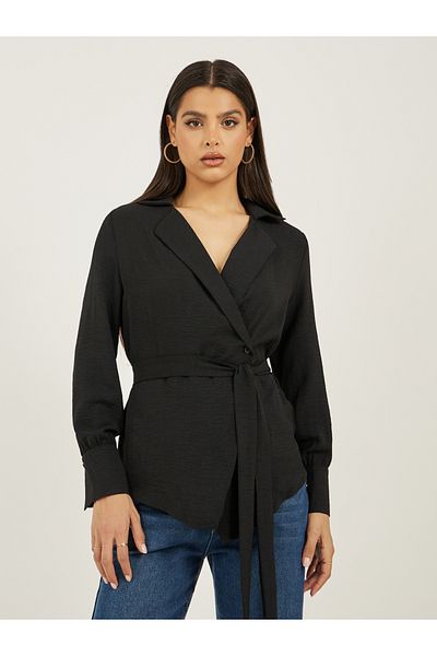 Styli Black Solid Wrap Belted Blouse