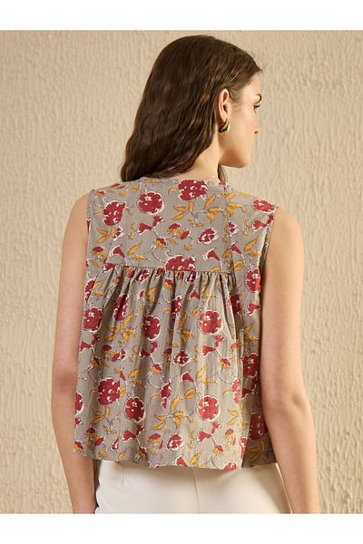 Sanskrutihomes By Styli Grey Floral Print Cotton Top for Women