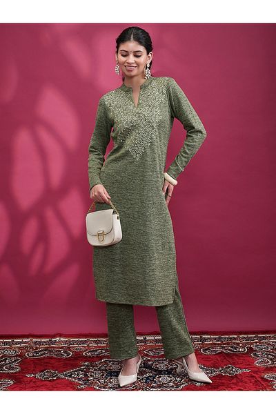 Vishudh By Styli Women Green Embroidered Kurta and Trouser Set