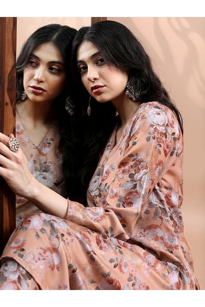 Vishudh By Styli Women Peach Floral Printed Kurta and Trousers Set