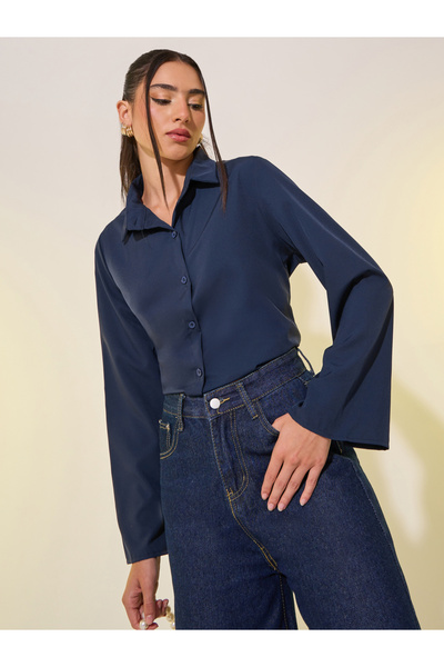 Take Two By Styli Navy Blue Spread Collar Plain Long Sleeve Blouse