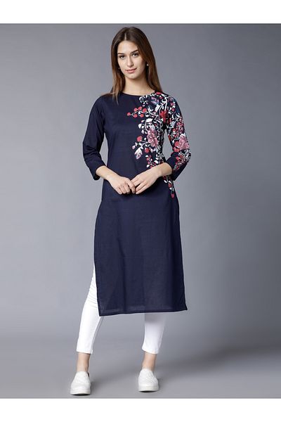 Vishudh By Styli Women Navy Printed Straight Kurta