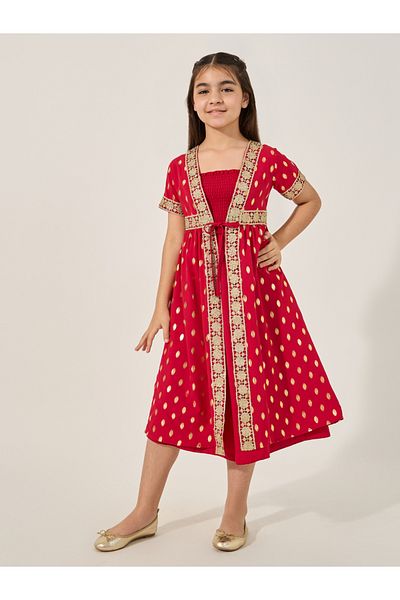 Styli Embroidered Short Sleeve Kimono with Smocked Inner Dress Set