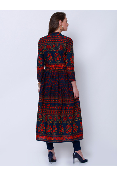 Vishudh By Styli Navy Blue Floral Print Cotton Anarkali With Hight Slit