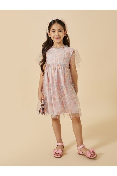 Styli Floral Print Mesh Tiered Dress
