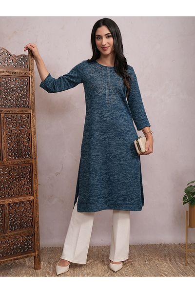 Vishudh By Styli Teal Blue Abstract Printed Sequined Straight Kurta