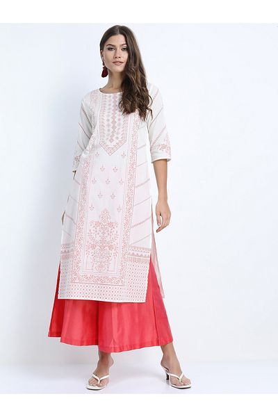 Vishudh By Styli Women Cream-Coloured Striped Thread Work Kurta