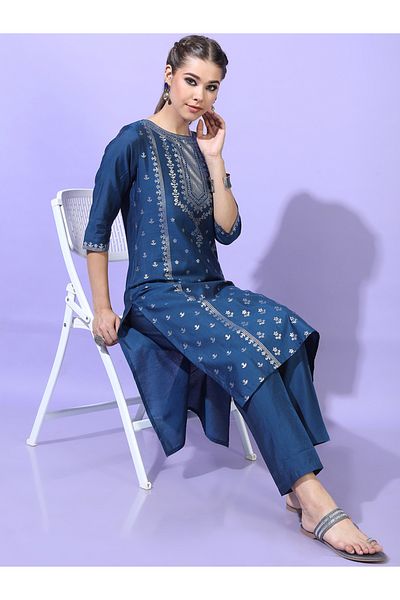 Vishudh By Styli Women Teal Blue Printed Kurta with Trousers