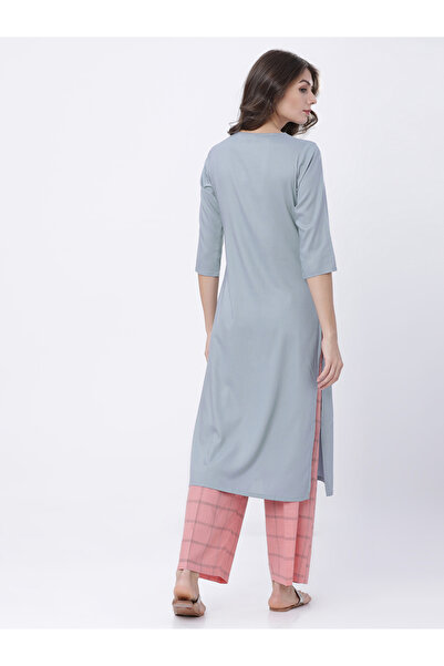 Vishudh By Styli Women Grey Floral Yoke Design Thread Work Kurta