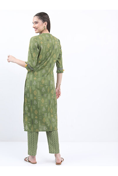 Vishudh By Styli Women Olive Printed Kurta with Trousers