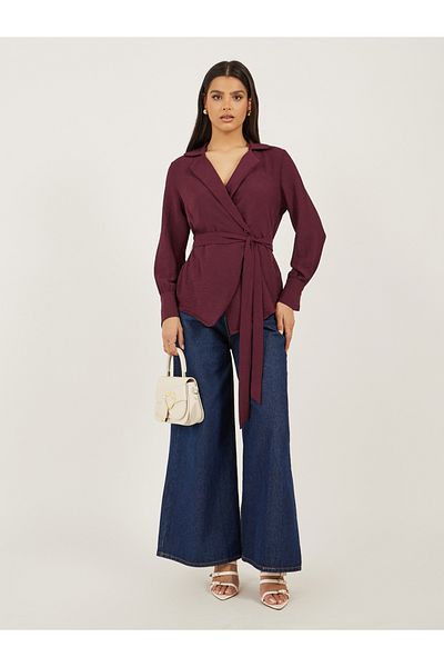 Styli Burgundy Solid Wrap Belted Blouse