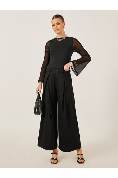Styli Pleated Black Wide Leg Pants for Women