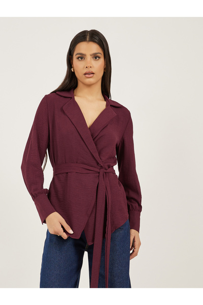 Styli Burgundy Solid Wrap Belted Blouse