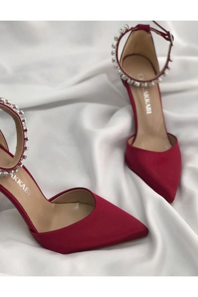 İA İLERİADIM Κόκκινο σατέν με τακούνι Stone Stiletto Βραδινό Φόρεμα Παπούτσια Ύψος Τακουνιού 9 cm