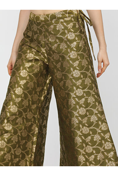 Vishudh By Styli Women Olive & Gold-Toned Floral Woven Designed Palazzo