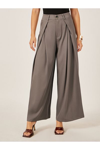 Styli Pleated Beige Wide Leg Pants for Women