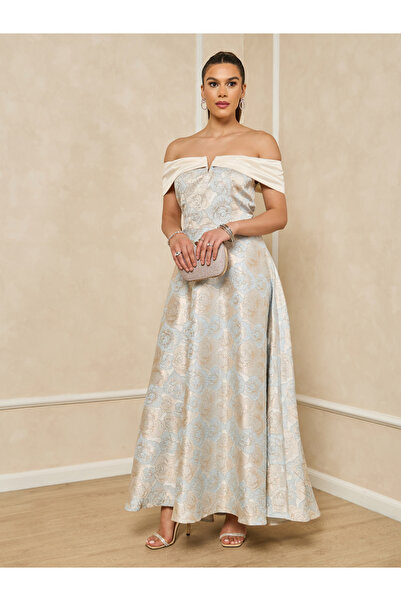 Styli فستان ماكسي أزرق من قماش الجاكار المزهر، مكشوف الكتفين، بتصميم حرف A