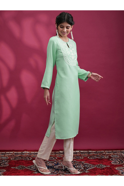 Vishudh By Styli Green Embroidered Keyhole Neck Kurta Set for Women