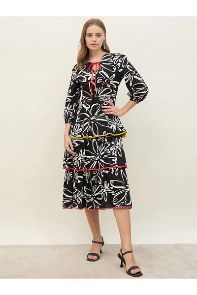Styli All Over Floral Print Tie-Up Neck Tiered Midi Dress