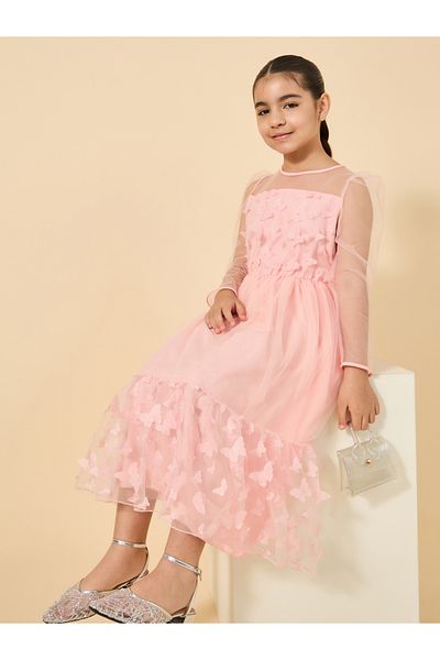 Styli Butterfly Appliques Mesh Insert Long Sleeve Dress
