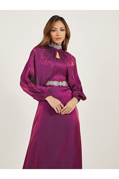 Styli Embellished Satin A-Line Maxi Dress with Detachable Cape Sleeves
