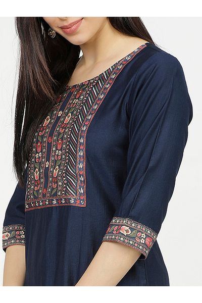 Vishudh By Styli Women Navy Blue & Red Printed Cotton Kurta Set with Dupatta