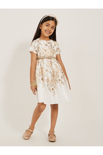 Styli Floral Printed Satin Dress with Glittered Belt Detail