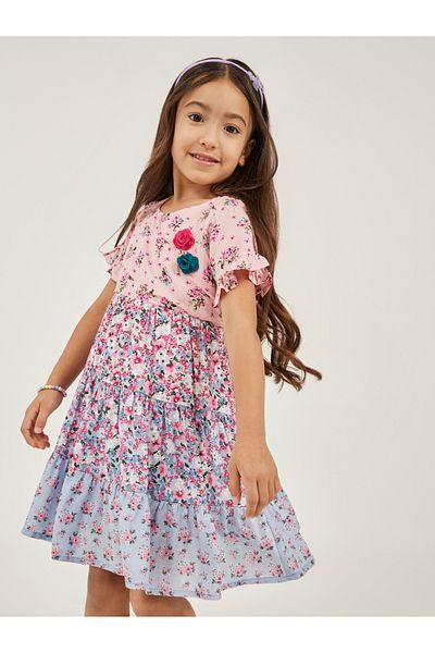 Styli Floral Print Ruffled Trim Tiered Dress