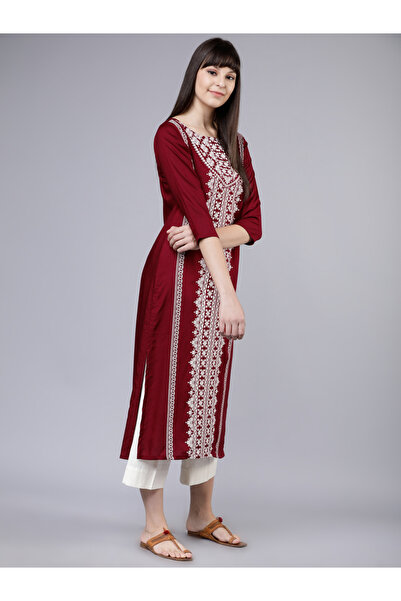 Vishudh By Styli Vishudh Women Maroon & White Printed Straight Kurta