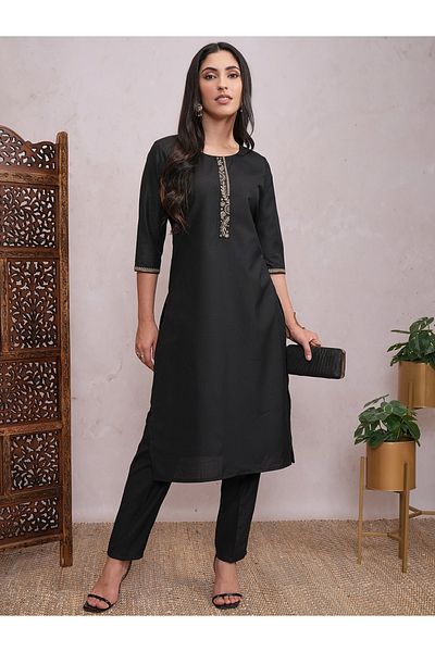 Vishudh By Styli Women Black Lace Work Kurta with Trousers